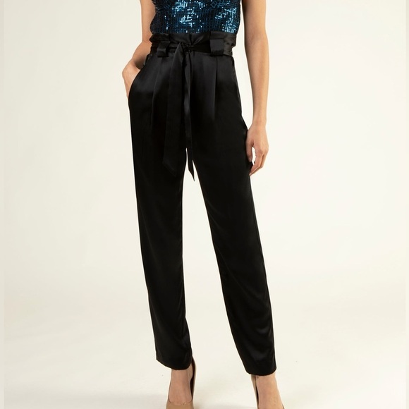 NWT MICHELLE MASON Belted Slim Black Silk Pants​ - Picture 6 of 8